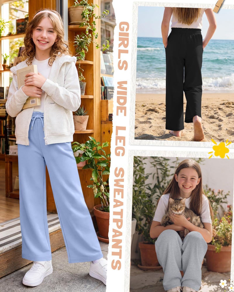 LessonZoo 3 Pack Girls' Sweatpants Straight Wide Leg Kids Drawstring Casual Joggers Teen Loose Athletic Pants with Pockets(Light Blue, Light Heather Gray, Black,11-12 Years) - Image 2