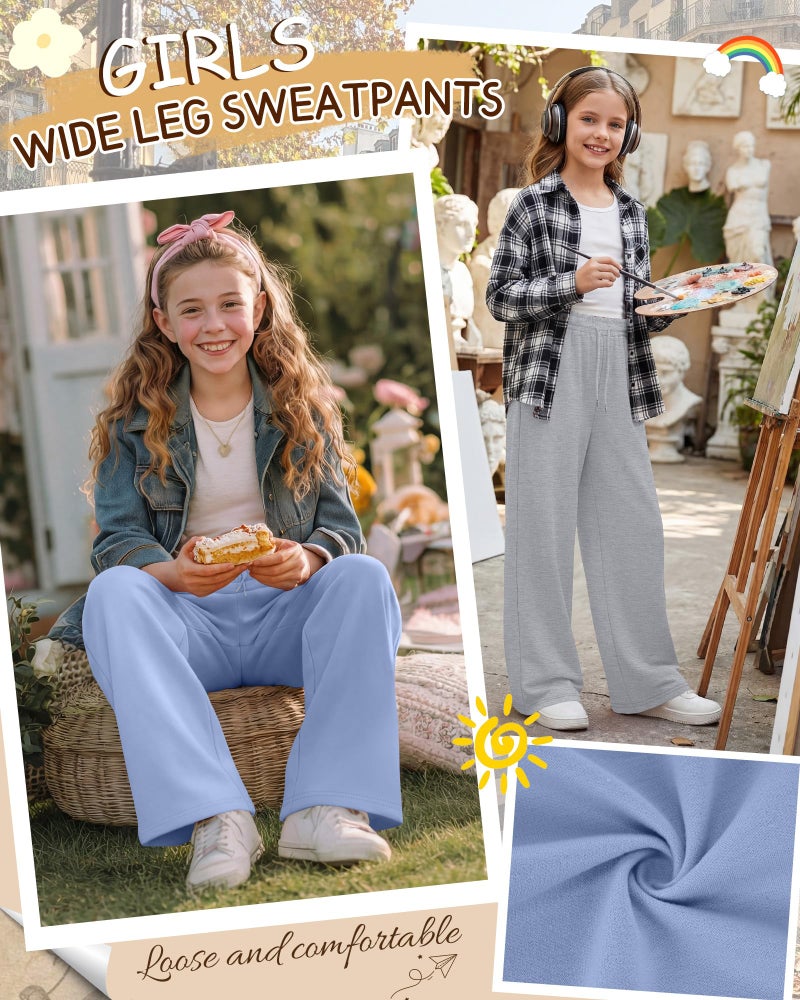 LessonZoo 3 Pack Girls' Sweatpants Straight Wide Leg Kids Drawstring Casual Joggers Teen Loose Athletic Pants with Pockets(Light Blue, Light Heather Gray, Black,11-12 Years) - Image 3