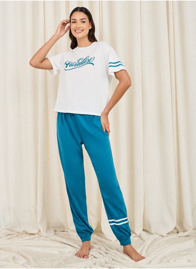 Styli - Paradise Print Striped Drop Shoulder Sleeves T-shirt and Cuff Pyjama Set - Image 1