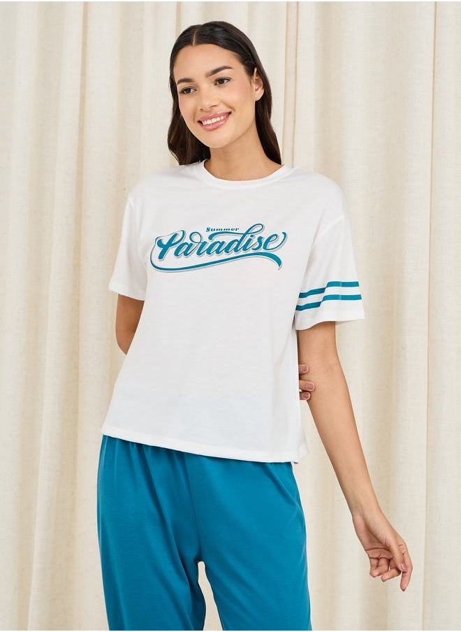 Styli - Paradise Print Striped Drop Shoulder Sleeves T-shirt and Cuff Pyjama Set - Image 1