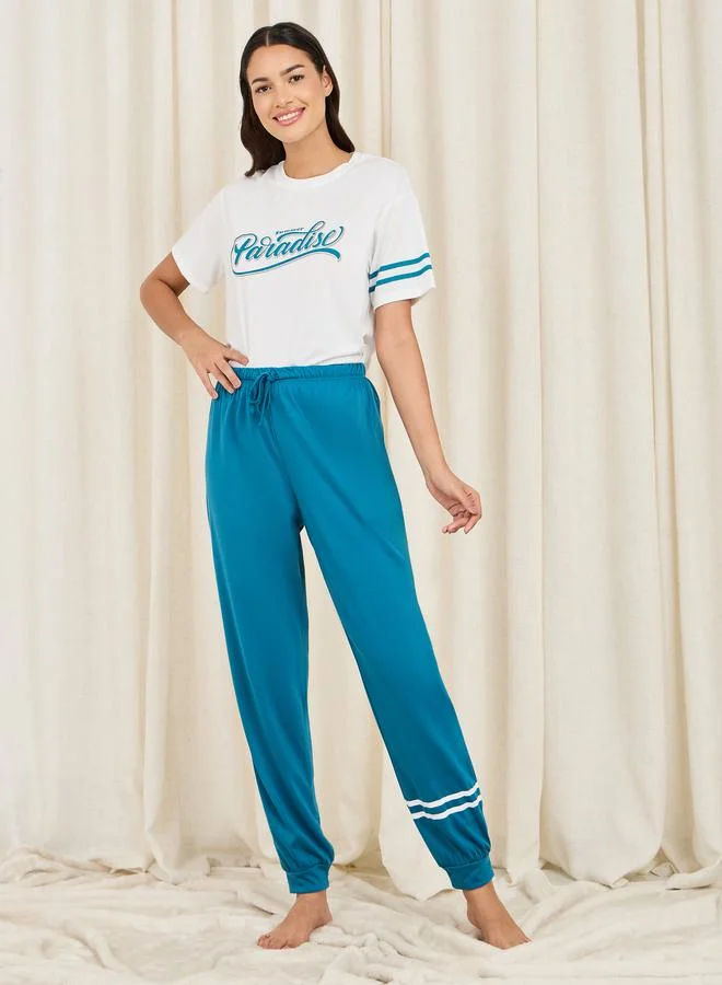 Styli Paradise Print Striped Drop Shoulder Sleeves T-shirt and Cuff Pyjama Set