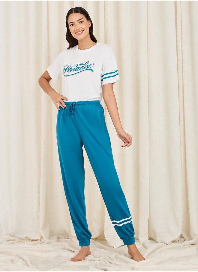 Styli - Paradise Print Striped Drop Shoulder Sleeves T-shirt and Cuff Pyjama Set - Image 1