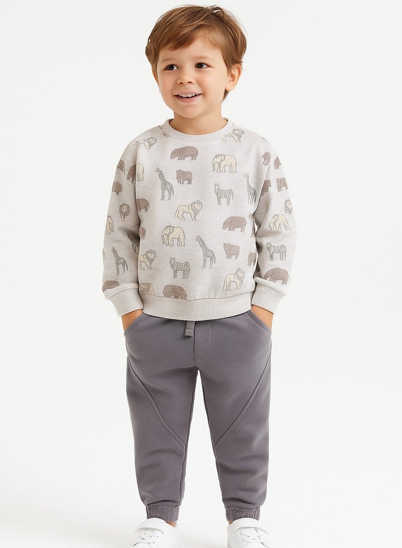 Dirkje Boys Safari Print Fleece Tracksuit – Sand & Heather Grey 2-Piece Set - Image 1