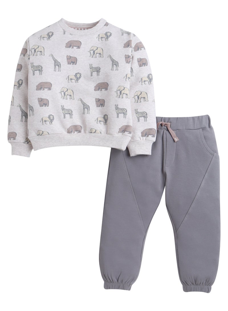Dirkje Boys Safari Print Fleece Tracksuit – Sand & Heather Grey 2-Piece Set - Image 2