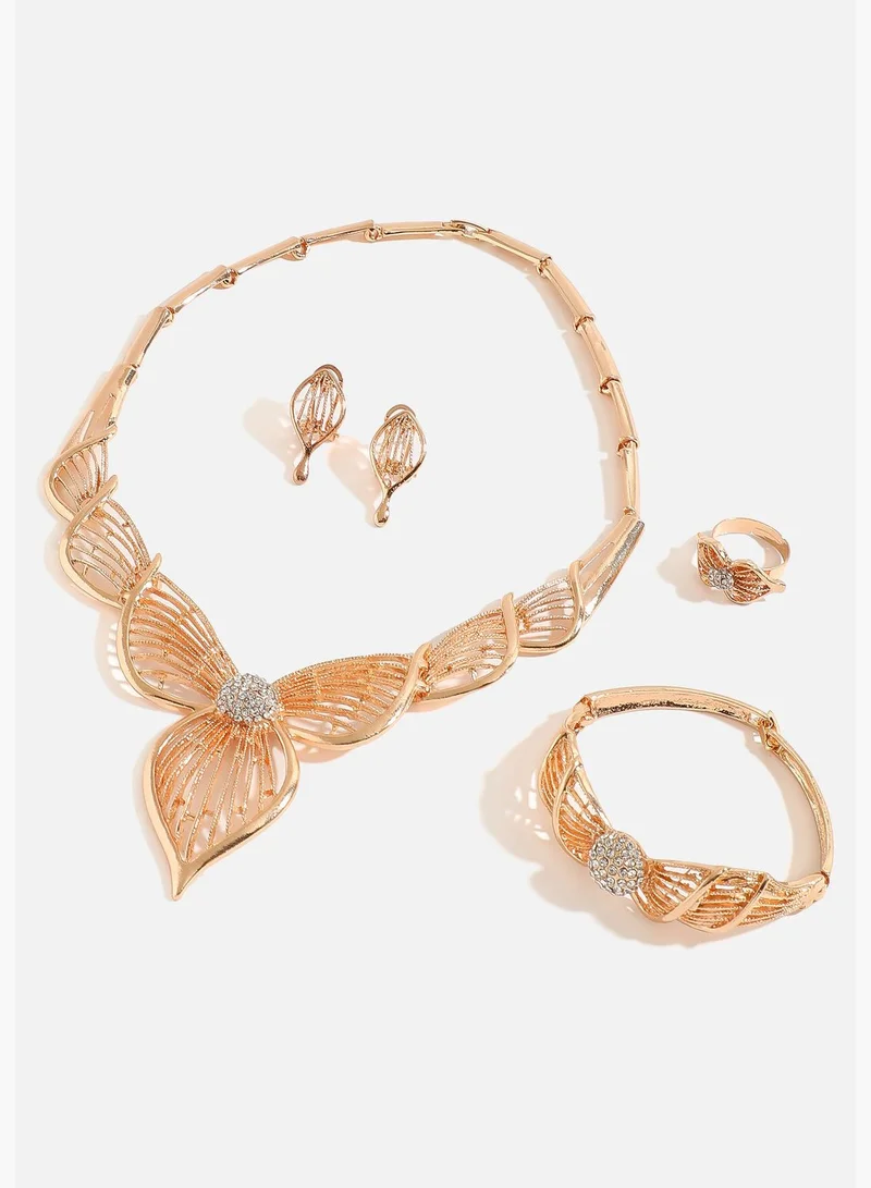 SOHI Gold Plated Designer Stone Necklace, Earring, Ring and Bracelet Set