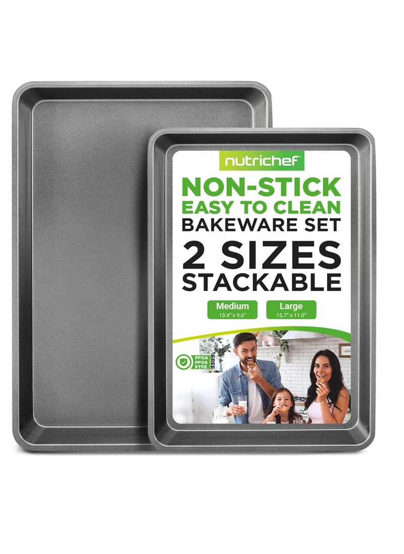 NutriChef - NutriChef 2-Piece Nonstick Cookie Sheet Baking Pan Set - Heavy Duty Bake Trays w/ Smooth Non-Stick Coating PFOA, PFOS, & PTFE Free, 15" x 11" & 13" x 9" - Dishwasher Safe, Gray - Image 1