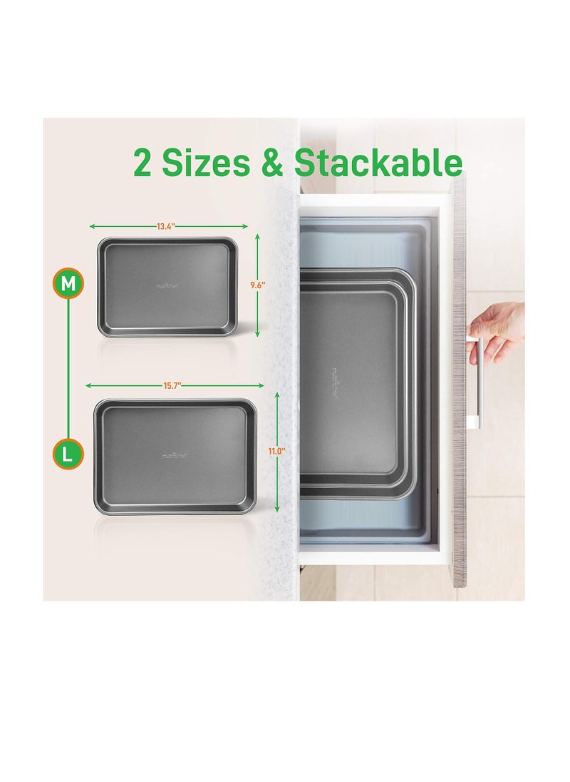 NutriChef - NutriChef 2-Piece Nonstick Cookie Sheet Baking Pan Set - Heavy Duty Bake Trays w/ Smooth Non-Stick Coating PFOA, PFOS, & PTFE Free, 15" x 11" & 13" x 9" - Dishwasher Safe, Gray - Image 1
