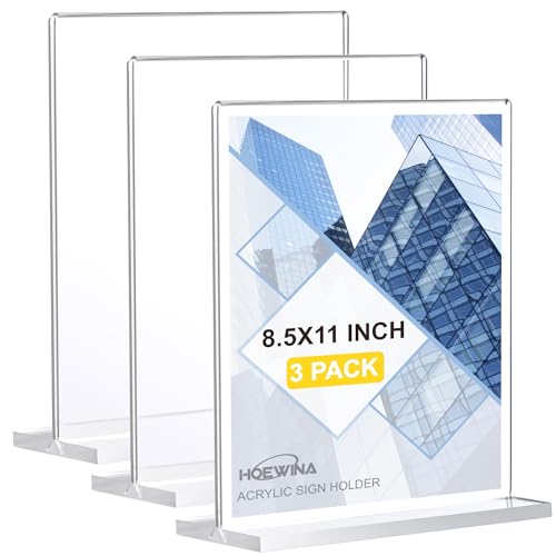 Hoewina Acrylic Sign Holder 85 x 11 Inch 3 Pack Clear Display Sign Stand for Store Sign Holders Vertical Double Acrylic Stands Vendor Booth Display Items