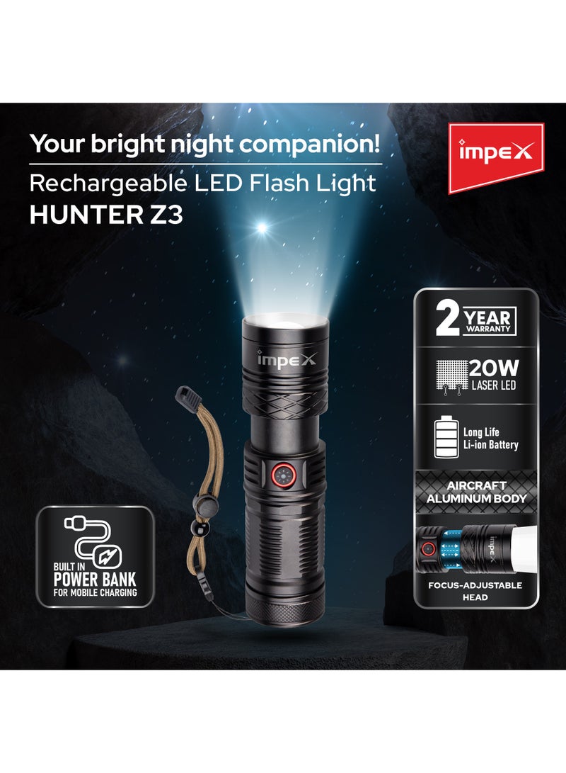 Impex Rechargeable Zoomable Flashlight, 20W Laser LED Torch 1000lm Lumens, Aircraft Non-Corrosive Aluminum Body, Adjustable Focus,6600mAh Battery, Type-C Charging Port,2 Years Warranty-Hunter Z3  - Image 3