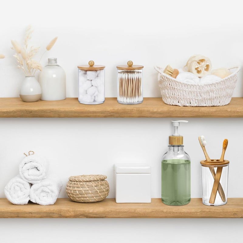 SGHUO 4pcs Boho Bathroom Decor, Bamboo Bathroom Container Accessories Set, Soap Dispenser, Toothbrush Holder, 2 Qtip Holder Jars, Boho Rustic Bathroom Decor - Image 4