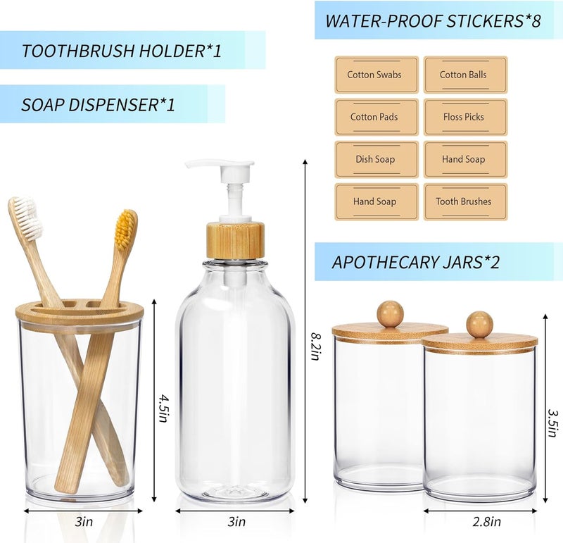 SGHUO 4pcs Boho Bathroom Decor, Bamboo Bathroom Container Accessories Set, Soap Dispenser, Toothbrush Holder, 2 Qtip Holder Jars, Boho Rustic Bathroom Decor - Image 2