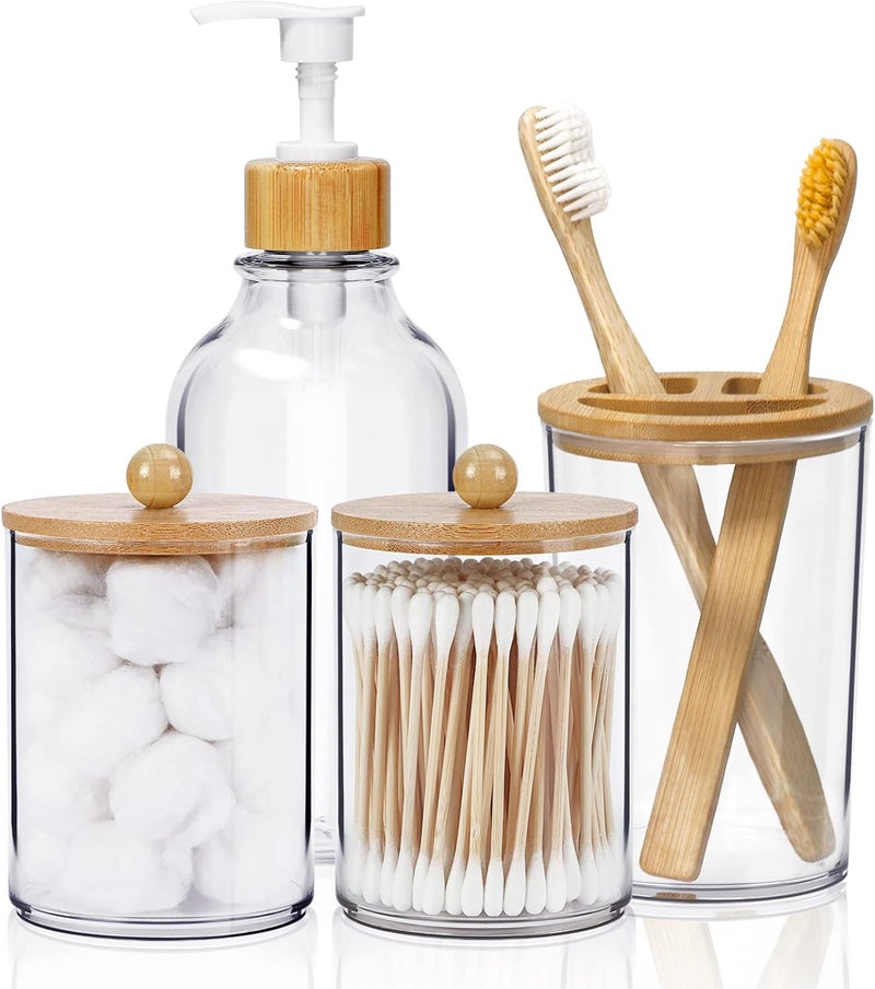 SGHUO 4pcs Boho Bathroom Decor, Bamboo Bathroom Container Accessories Set, Soap Dispenser, Toothbrush Holder, 2 Qtip Holder Jars, Boho Rustic Bathroom Decor - Image 1