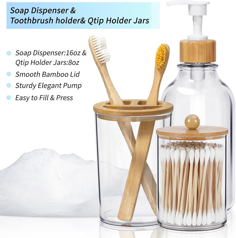 SGHUO 4pcs Boho Bathroom Decor, Bamboo Bathroom Container Accessories Set, Soap Dispenser, Toothbrush Holder, 2 Qtip Holder Jars, Boho Rustic Bathroom Decor - Image 3