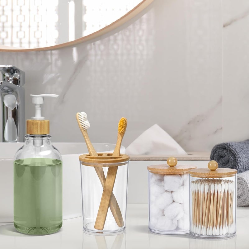 SGHUO 4pcs Boho Bathroom Decor, Bamboo Bathroom Container Accessories Set, Soap Dispenser, Toothbrush Holder, 2 Qtip Holder Jars, Boho Rustic Bathroom Decor - Image 5