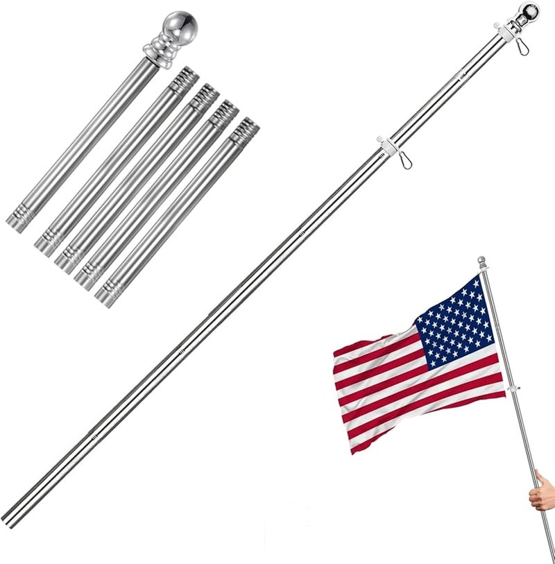 Wall Mounted Telescopic Flagpole 1 8m 5 Section Anti Tangle Rotating Stainless Steel Aluminum Silver - Image 1