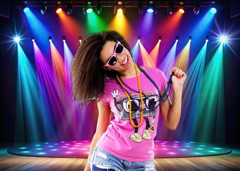 Dudaacvt 7x5ft Rainbow Stage Photography Backdrop 70s 80s 90s Colorful Disco Backdrop Rock Music Glow Neon Dance Birthday Party Backdrop - Image 2