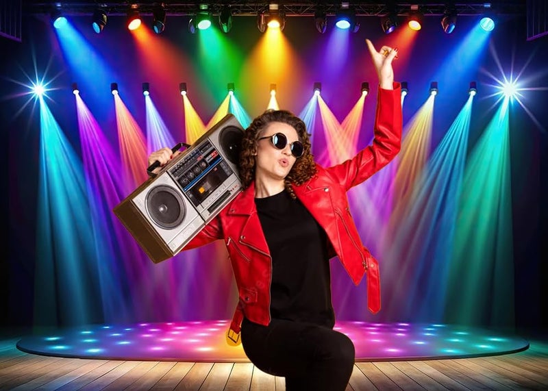 Dudaacvt 7x5ft Rainbow Stage Photography Backdrop 70s 80s 90s Colorful Disco Backdrop Rock Music Glow Neon Dance Birthday Party Backdrop - Image 4
