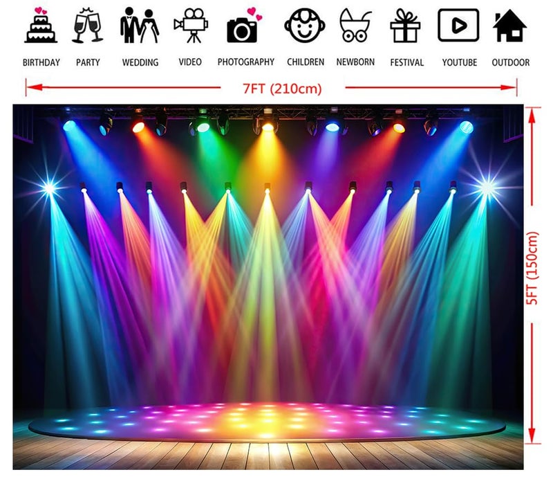 Dudaacvt 7x5ft Rainbow Stage Photography Backdrop 70s 80s 90s Colorful Disco Backdrop Rock Music Glow Neon Dance Birthday Party Backdrop - Image 5