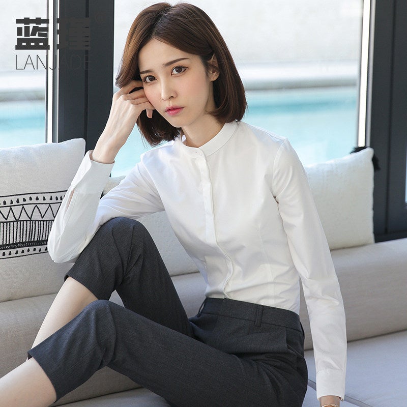 White stand-up collar seven-sleeve shirt, women's design sense, niche top, 2025 round-neck professional formal wear, interview white shirt - Image 3