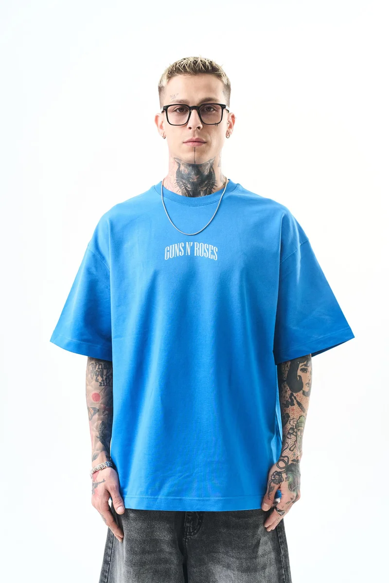 ريسباير تي شيرت رجالي مقاس كبير (Oversize) بطبعة "Guns Roses"، أزرق