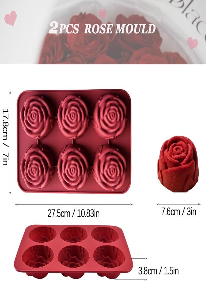 Bake House 2 Pack Valentines Molds Silicone 6 Cavity Rose Flower Soap Molds for Baking Rose Ice Cube Molds Rose Silicone Molds Chocolate Candy Jolle Cupcakes Pudding Muffins Making (Rose Mold) - Image 2