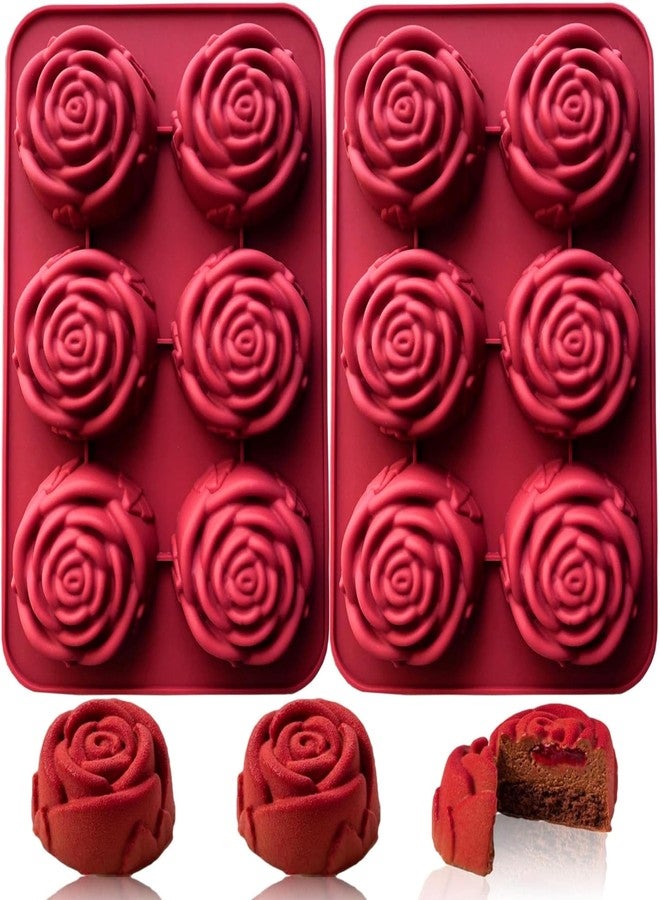 Bake House 2 Pack Valentines Molds Silicone 6 Cavity Rose Flower Soap Molds for Baking Rose Ice Cube Molds Rose Silicone Molds Chocolate Candy Jolle Cupcakes Pudding Muffins Making (Rose Mold) - Image 1