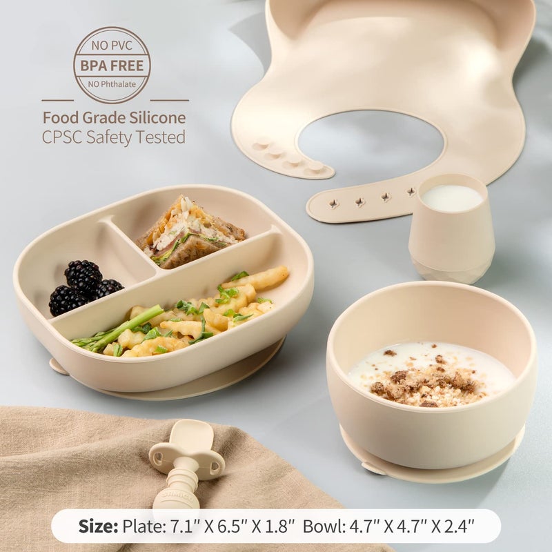 SAMiGO Silicone Baby Feeding Set, Suction Plate Bowl Set, Self Feeding Spoons, Bib, Cup, Baby Led Weaning Supplies, First Stage Feeding Essentials, Food Eating Utensils, 6+ Months - Image 4