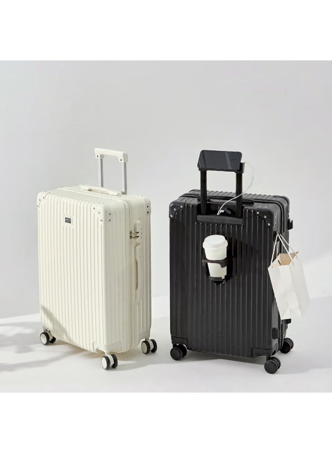 Soo Multi-functional Luggage Suitcase With Telescopic Handle, Large Capacity For Students, Travel Password Box, Leather Case, Cup Holder, White 24-inch - Image 2