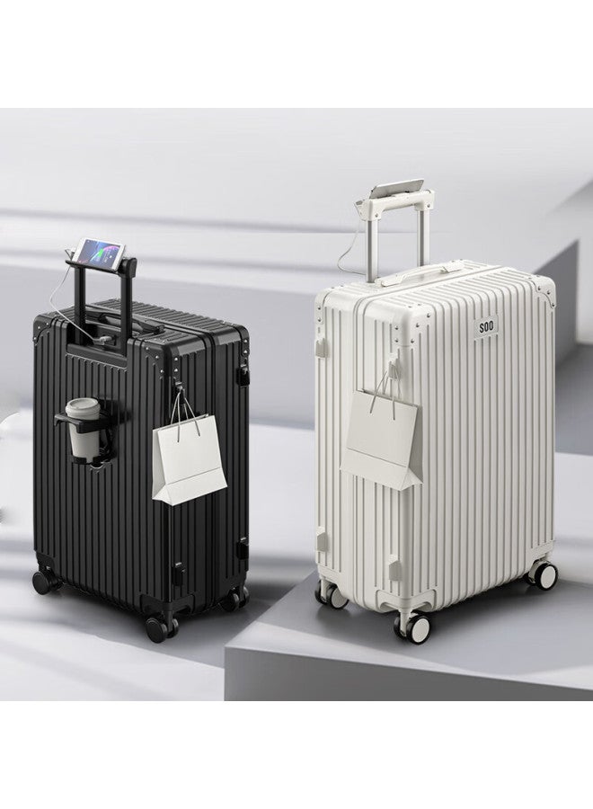 Soo Multi-functional Luggage Suitcase With Telescopic Handle, Large Capacity For Students, Travel Password Box, Leather Case, Cup Holder, White 24-inch - Image 3