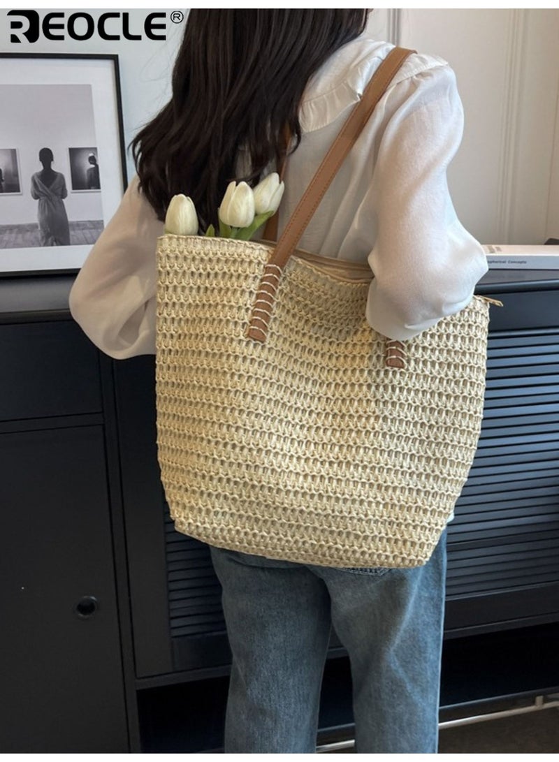 REOCLE Women's Woven Tote Bag Large Capacity Handbag Zipper Closure Sturdy Construction Durable Polyester Fabric Lining for Beach Shopping Travel - Image 2