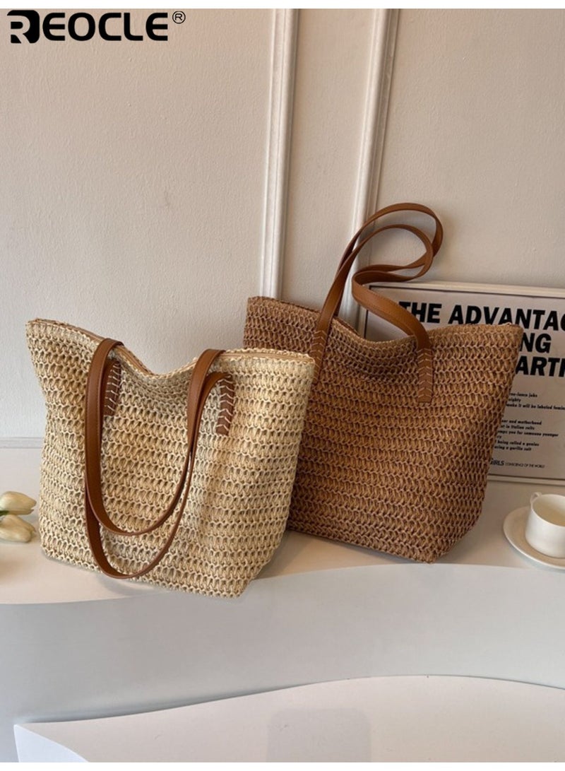 REOCLE Women's Woven Tote Bag Large Capacity Handbag Zipper Closure Sturdy Construction Durable Polyester Fabric Lining for Beach Shopping Travel - Image 3