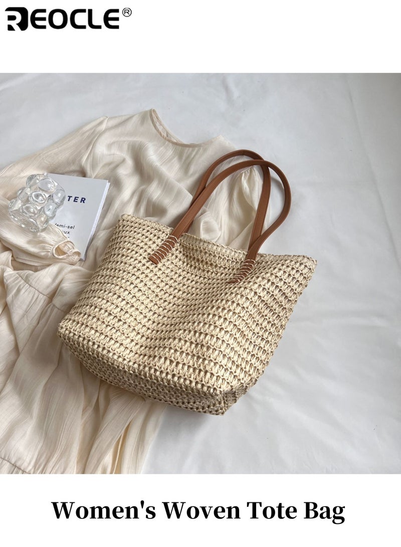 REOCLE Women's Woven Tote Bag Large Capacity Handbag Zipper Closure Sturdy Construction Durable Polyester Fabric Lining for Beach Shopping Travel - Image 1
