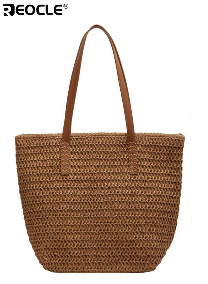 REOCLE Women's Woven Tote Bag Large Capacity Handbag Zipper Closure Sturdy Construction Durable Polyester Fabric Lining for Beach Shopping Travel - Image 4