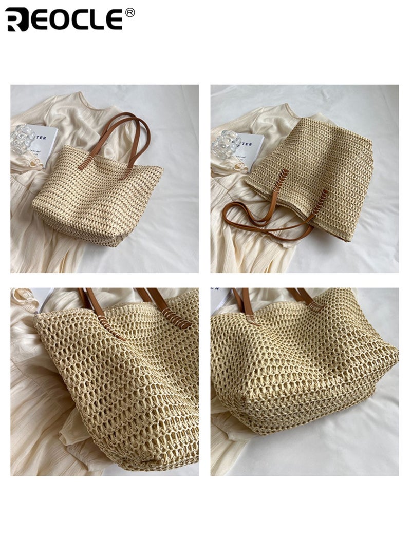 REOCLE Women's Woven Tote Bag Large Capacity Handbag Zipper Closure Sturdy Construction Durable Polyester Fabric Lining for Beach Shopping Travel - Image 5