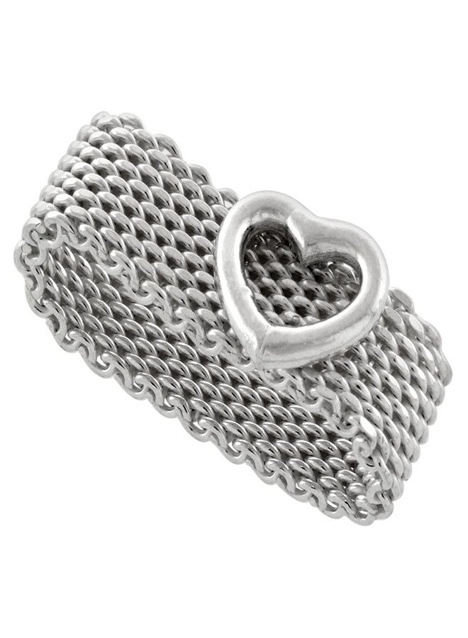 سابرينا سيلفر خاتم زفاف من الفضة الإسترلينية عيار 925، مصنوع يدويًا، بتصميم شبكي 8 مم، مزين بقلب، مناسب للرجال والنساء، عرضه 5/16 بوصة، مقاس 9. - Image 4