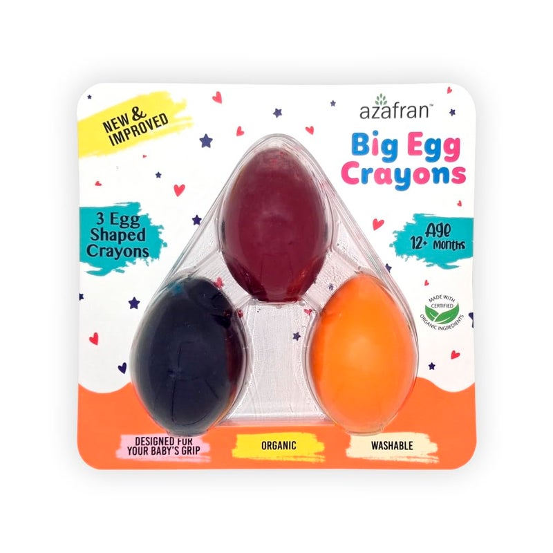 Azafran Organics Big Egg Crayons NonToxic Washable Hypoallergenic PlantBased Grasp Crayons for Kids Ideal Educational Toys for 1 Year Old Pack of 3 - Image 1