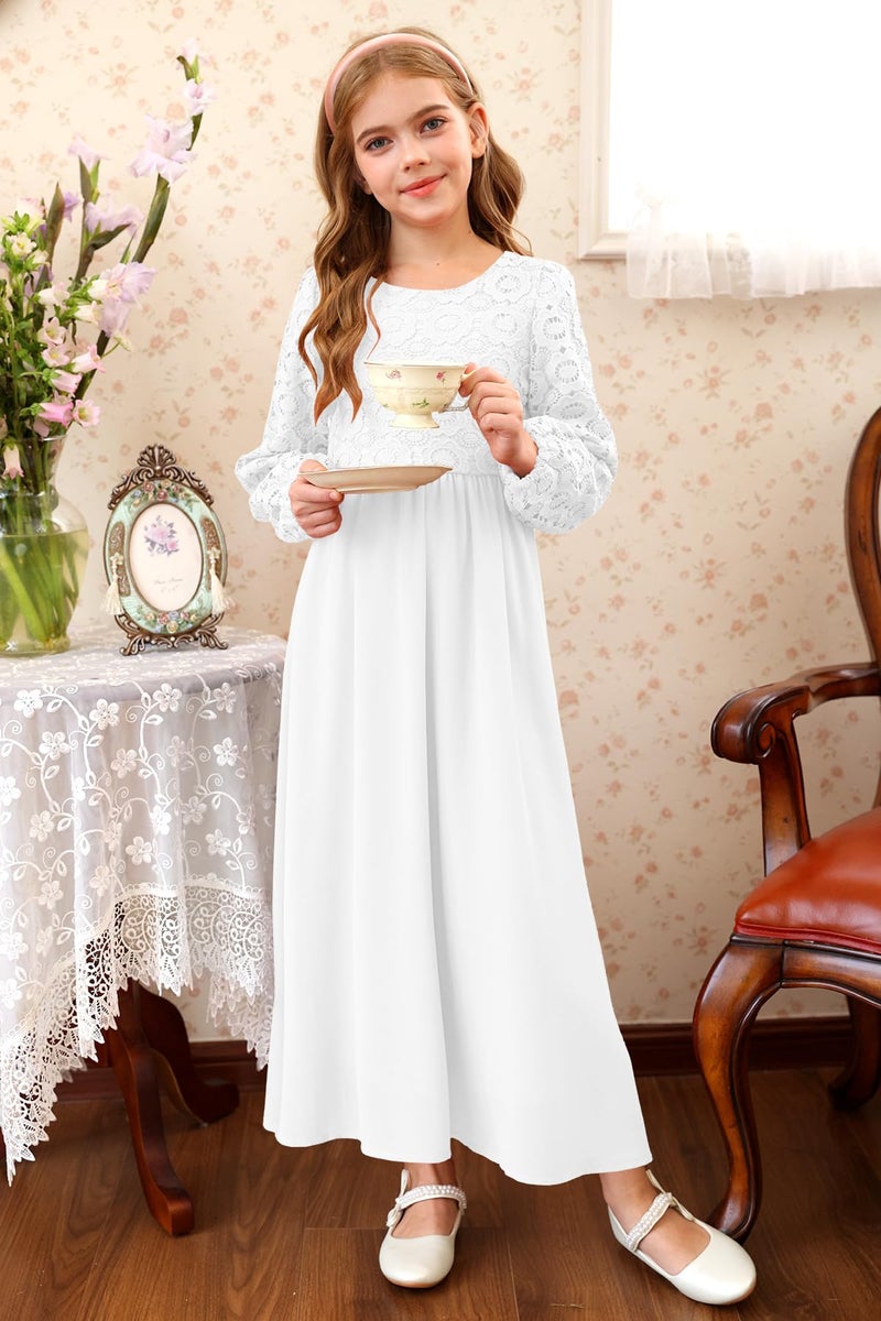 HOSIKA Girls Long Sleeve Maxi Dress Vintage Chiffon A-Line Formal Junior Bridesmaid Dresses for Fall Wedding Party White - Image 5