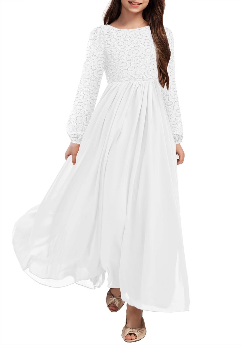 HOSIKA Girls Long Sleeve Maxi Dress Vintage Chiffon A-Line Formal Junior Bridesmaid Dresses for Fall Wedding Party White - Image 1