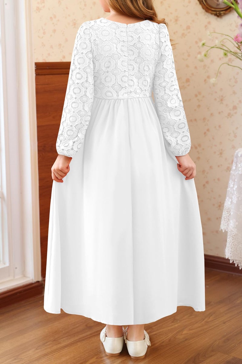 HOSIKA Girls Long Sleeve Maxi Dress Vintage Chiffon A-Line Formal Junior Bridesmaid Dresses for Fall Wedding Party White - Image 4