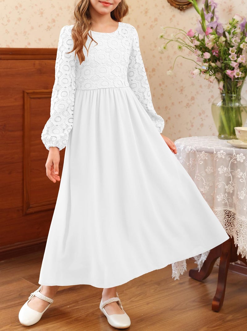 HOSIKA Girls Long Sleeve Maxi Dress Vintage Chiffon A-Line Formal Junior Bridesmaid Dresses for Fall Wedding Party White - Image 2