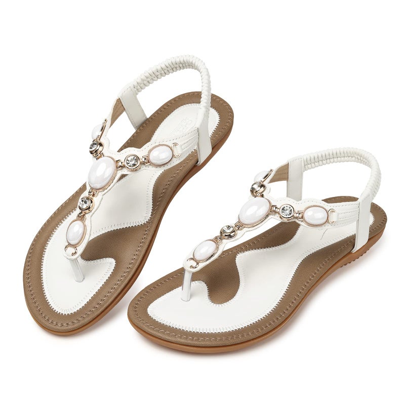 SHIBEVER Flat Sandals for Women Dressy: White Size 7 Summer Comfort Boho Dress Sandals - Comfortable Walking Dressy Slip on Flats Womens Sandal - Image 1
