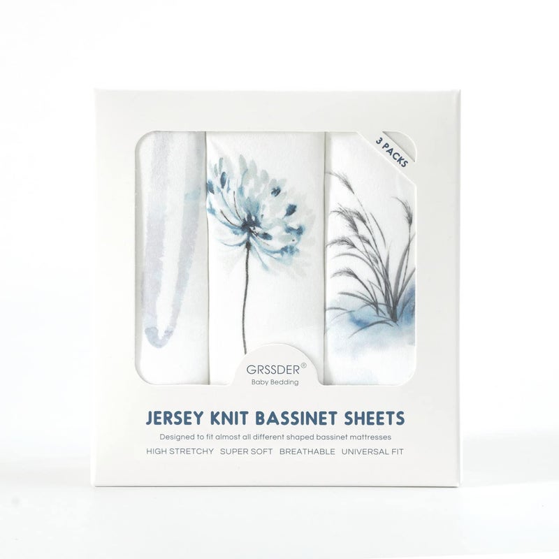 GRSSDER Stretchy Ultra Soft Bassinet Fitted Sheets 3 Pack, Universal Fitted for Bassinets Baby Cradle Moses Basket Oval Rectangle Mattress Safe and Snug, Pretty Bassinet Sheet for Baby, Navy Blue - Image 4