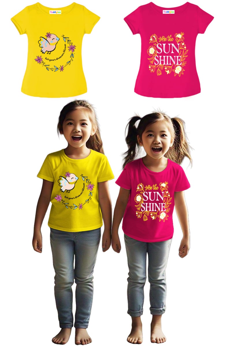 Toddylon Girls T-Shirts Half Sleeve Cotton Printed Regular Fit Tshirt with Round Neck Summer Tshirts Pack of 2 (Yellow & Pink, 3 Years-4 Years) (Tshirts Only) - Image 1