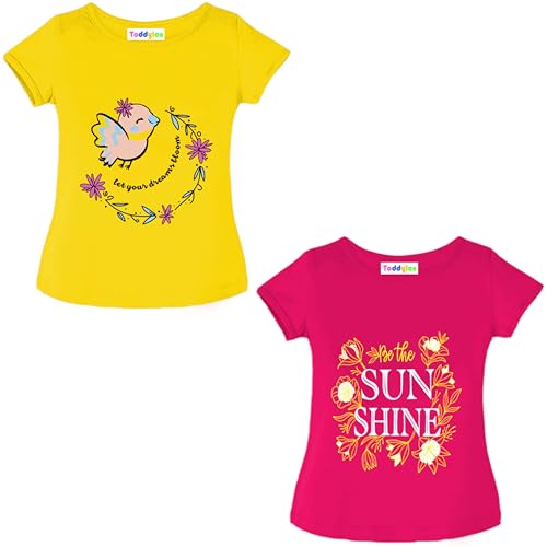 Toddylon Girls T-Shirts Half Sleeve Cotton Printed Regular Fit Tshirt with Round Neck Summer Tshirts Pack of 2 (Yellow & Pink, 3 Years-4 Years) (Tshirts Only) - Image 2
