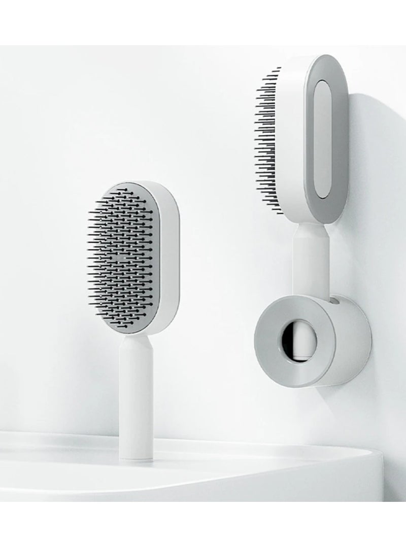 Self Cleaning Hair Brush with Holder-2 pecies -New 3D Air Cushion Brush for Detangling-Easy Clean Hair Brush for Women&Men-Paddle Hair Brush for Thick/Curly/Long/Thin Hair (White) - Image 1