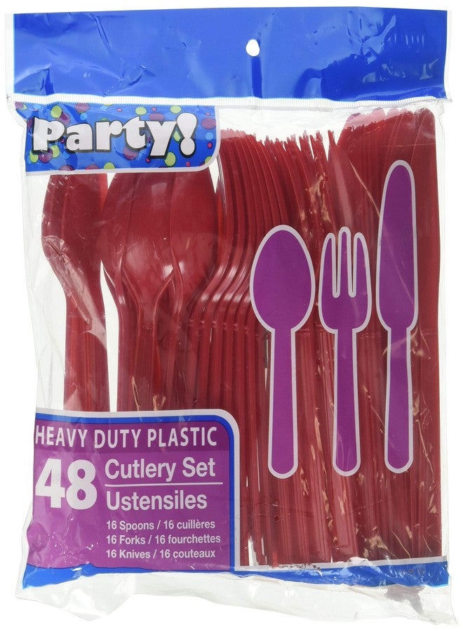 Greenbrier Red Assorted Disposable Cutlery, 48 Piece Set, 16 Spoons, 16 Forks, 16 Knives