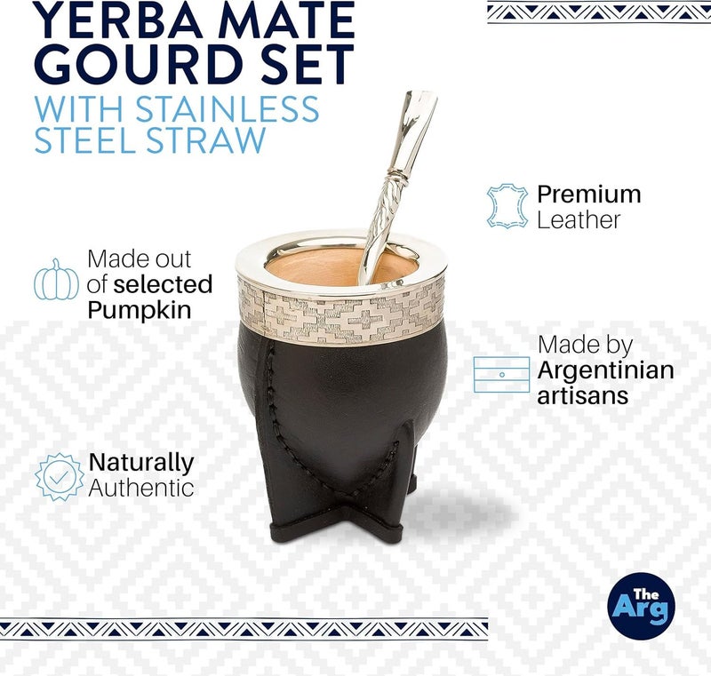 THEARG | Yerba Mate Gourd Set with Stainless Steel Straw | Handmade Leather Yerba Mate Cup and Bombilla Set from Argentina - Beach Essentials - Idea for Gifts | Travel Cup Mate - Image 2