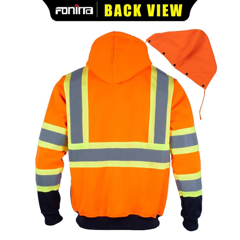FONIRRA Hi Vis Safety Fleece Zip Hoodie for Men Reflective Sweatshirts ANSI Class 3 Jackets Detachable Hood (Orange,L) - Image 2