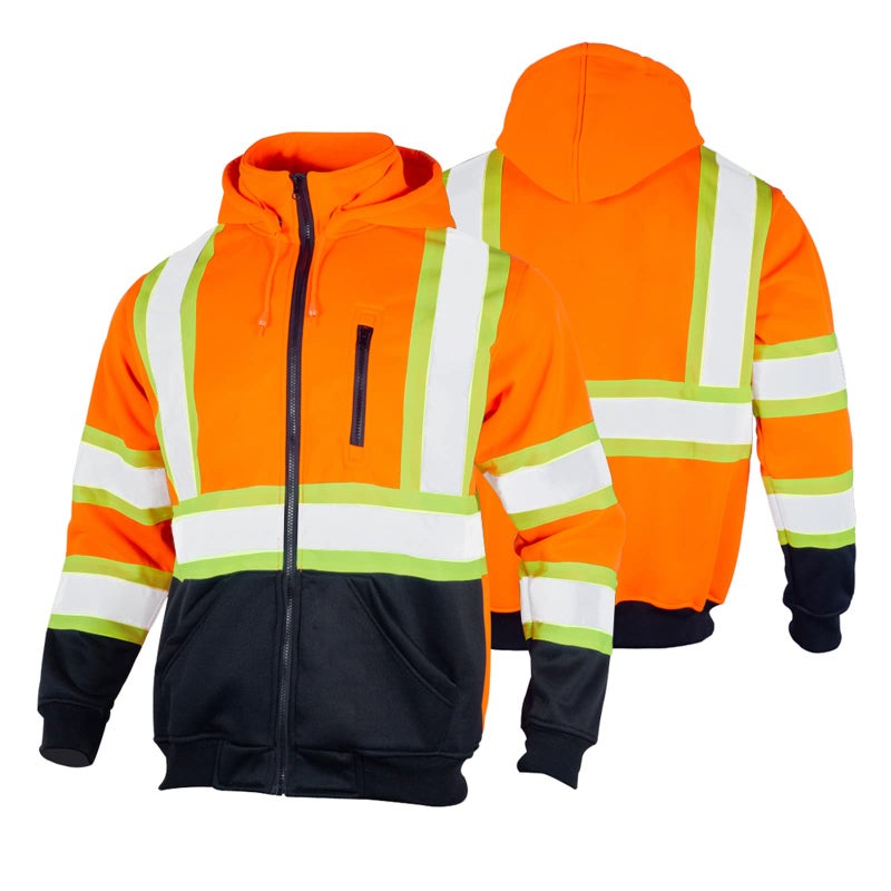 FONIRRA Hi Vis Safety Fleece Zip Hoodie for Men Reflective Sweatshirts ANSI Class 3 Jackets Detachable Hood (Orange,L) - Image 1