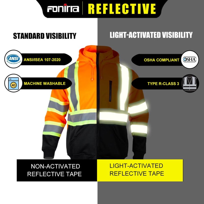 FONIRRA Hi Vis Safety Fleece Zip Hoodie for Men Reflective Sweatshirts ANSI Class 3 Jackets Detachable Hood (Orange,L) - Image 5